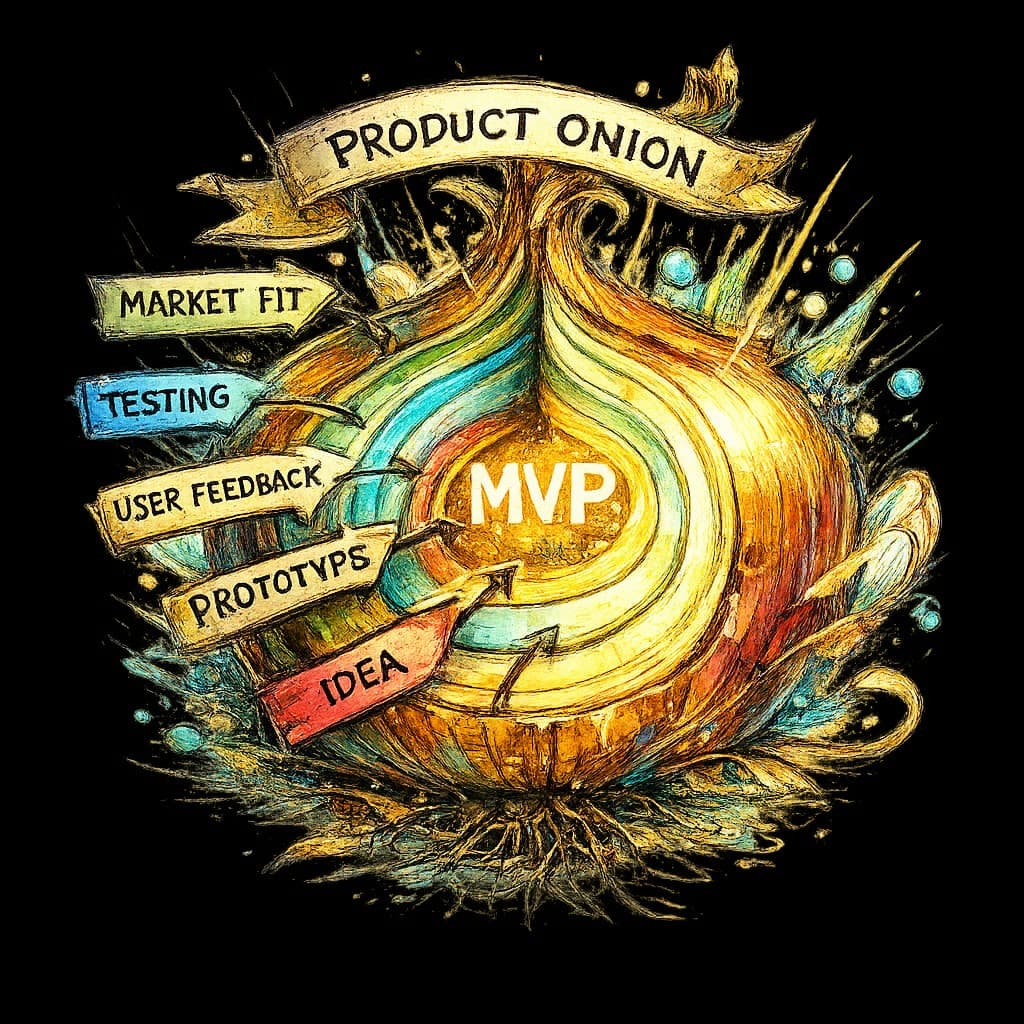 Product Onion illustration: concentric layers around an MVP core with labels for market fit, testing, feedback, prototypes, and idea