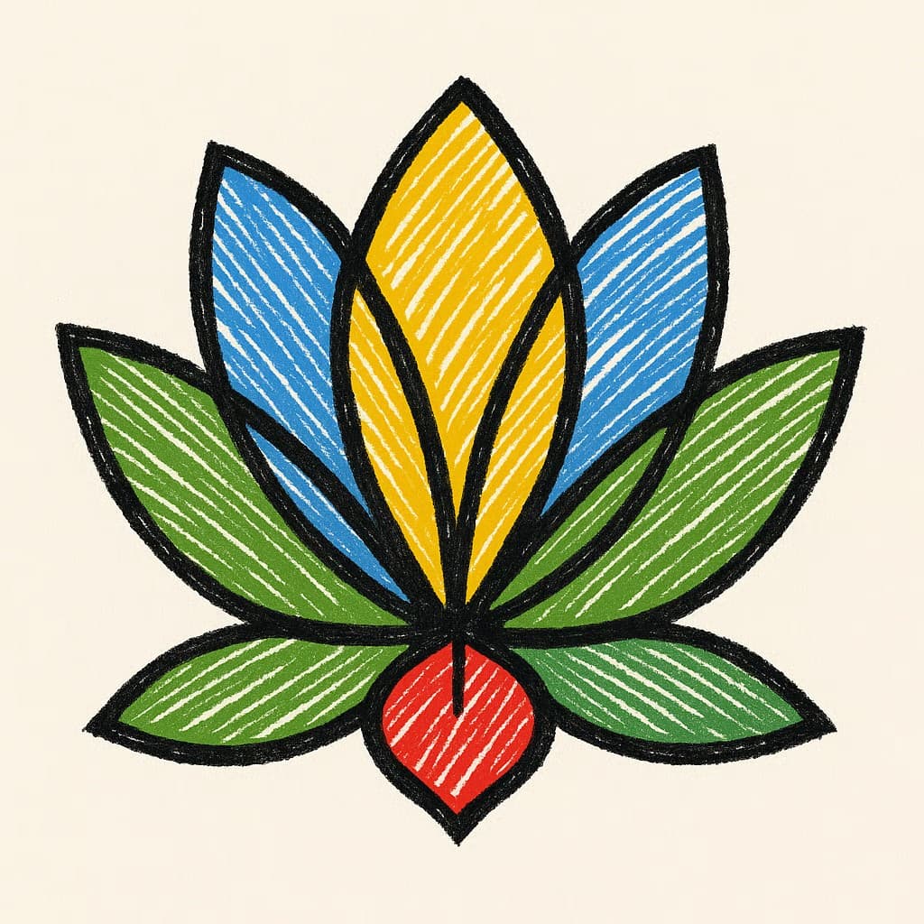 Hand-drawn lotus flower in yellow, blue, green, and red on a cream background