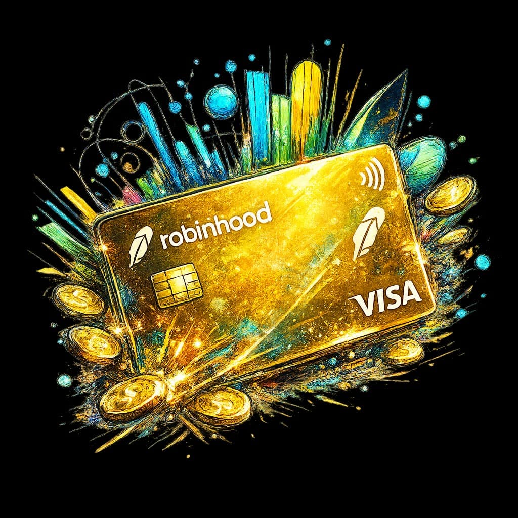 Robinhood Gold Card on a dark background with coins and abstract financial graphics