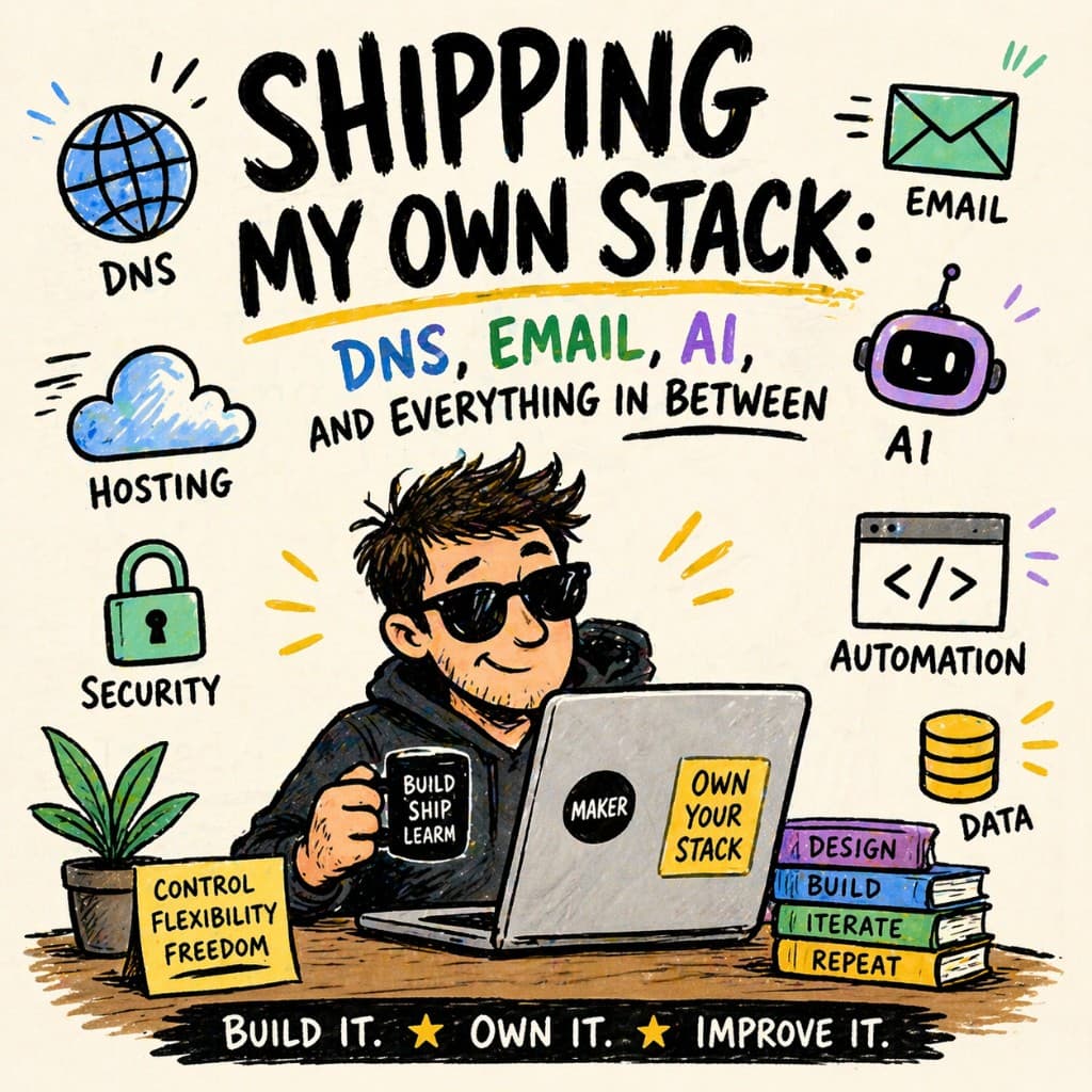 Hand-drawn hero image reading Shipping My Own Stack with icons for DNS, email, AI, hosting, security, automation, and data