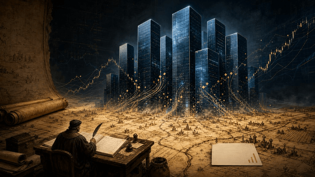 Illustration of a medieval Domesday Book scribe writing on a parchment map while modern skyscrapers rise from the page into a sky of glowing gold stock charts — wealth concentrating from surveyed land into a handful of towers