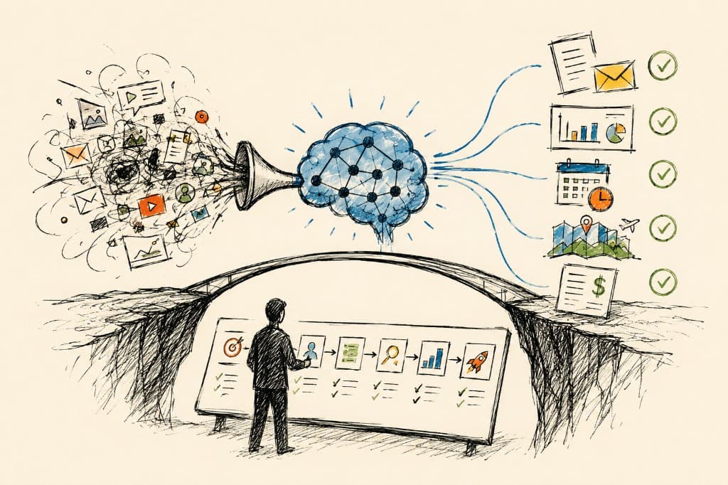 Hand-drawn illustration: chaotic inputs funnel into a neural brain, organized task outputs with checkmarks flow out, and a product manager stands below at an evaluation board mapping goals to launch