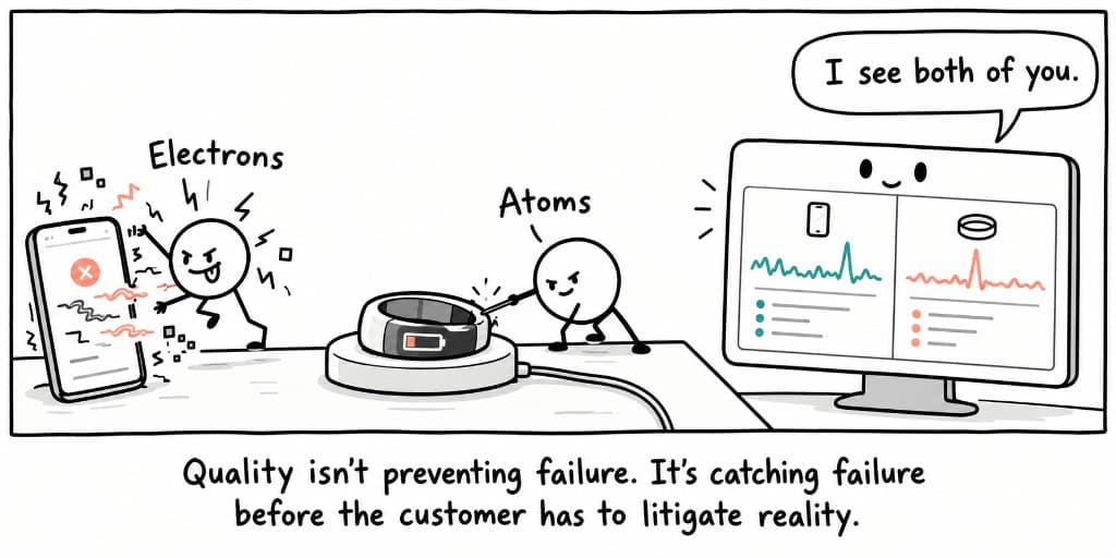 Stick-figure comic: Electrons glitches a phone while Atoms pokes a low-battery ring on its charger. A smiling monitor showing both diagnostics says I see both of you. Caption: Quality isn't preventing failure. It's catching failure before the customer has to litigate reality.