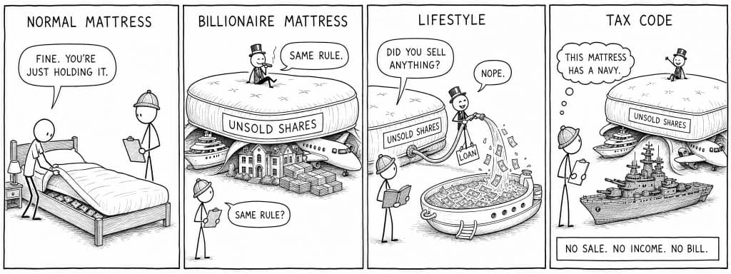 Four-panel XKCD-style comic: cash under a normal mattress is fine; a billionaire sits on an unsold-shares mattress hiding a yacht, mansion, and jet; a loan hose funds the lifestyle without a sale; punchline no sale, no income, no bill — this mattress has a navy