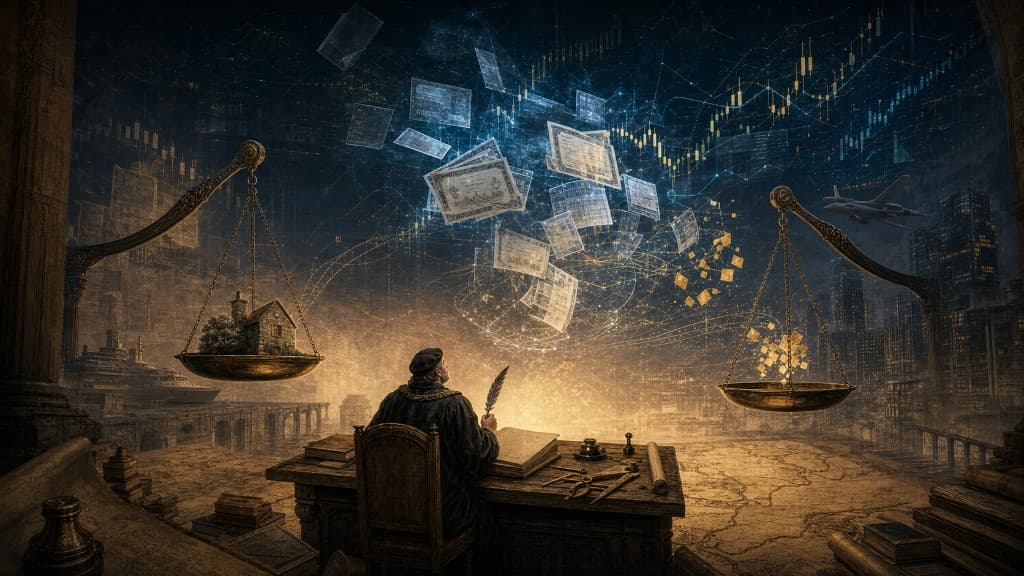 Medieval tax collector at a ledger between balance scales — a house on one side, glowing digital cubes on the other — while stock charts, certificates, a yacht, a city skyline, and a private jet swirl above