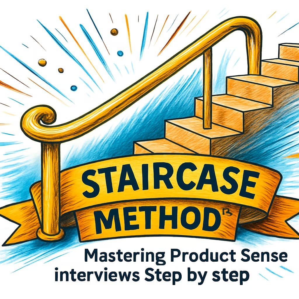 Illustration of the Staircase Method: golden stairs and handrail with banner, sunburst background