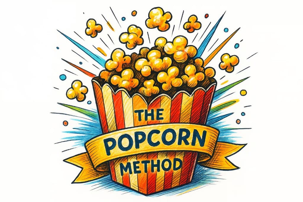 Illustration of a striped popcorn bucket with THE POPCORN METHOD text and bursting popcorn