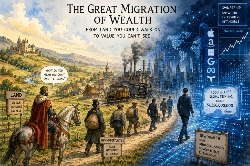 Illustration of wealth migrating from left to right: medieval land and castle labeled visible and taxable, through industrial factories and railroads, into a digital cityscape with tech company logos, share certificates, and intangible ownership