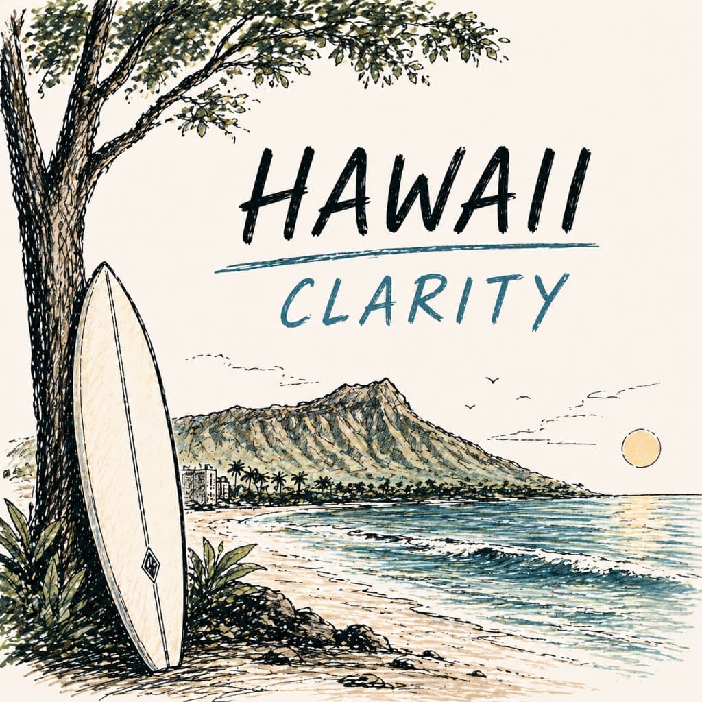 Hand-drawn Hawaii travel-poster style illustration: HAWAII CLARITY lettering, beach with surfboard, palm trees, mountain, and ocean at sunset