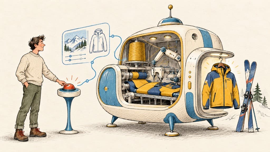 A shopper presses a red button and a retro-futuristic machine weaves a yellow ski jacket from yarn, with the finished coat and a pair of skis waiting beside it.