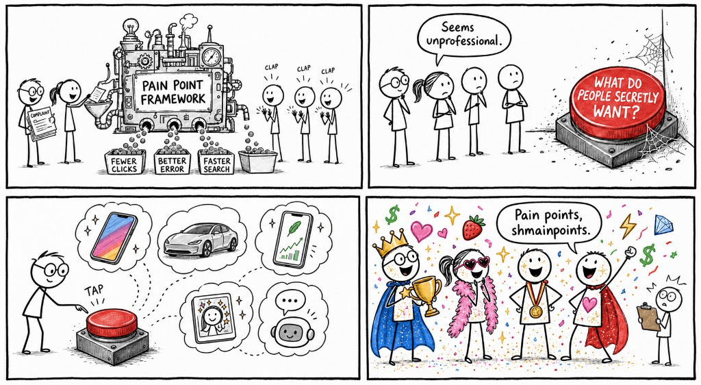 Four-panel comic: a Pain Point Framework machine turns complaints into fewer clicks while people clap; a cobwebbed red button asks what people secretly want; pressing it reveals phones, cars, status, and AI; celebration with Pain points, shmainpoints
