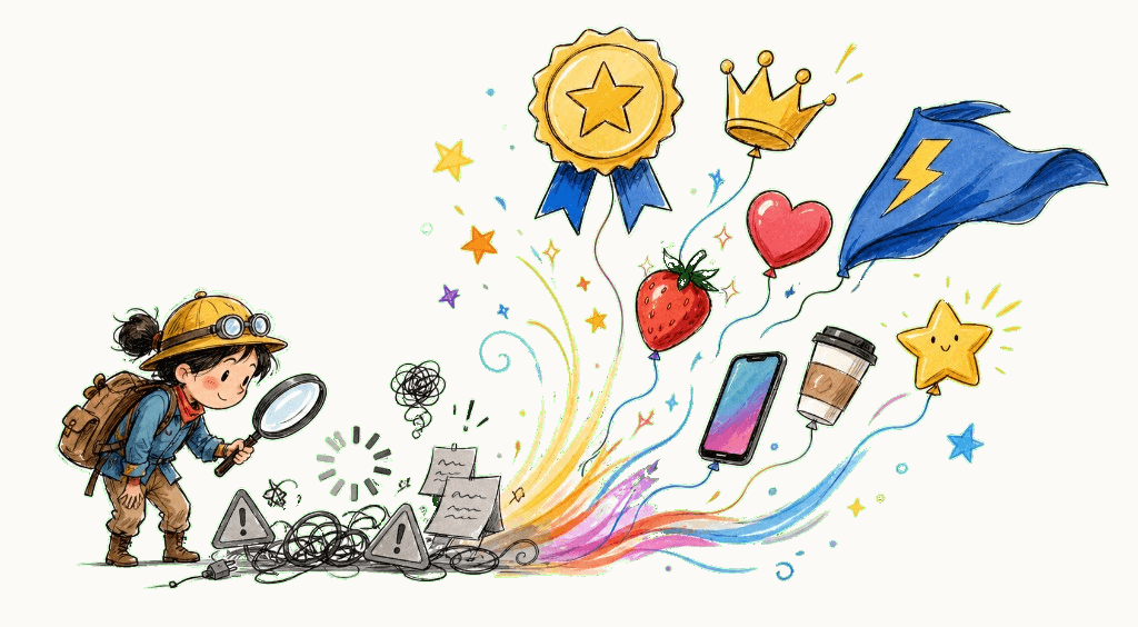 Explorer with a magnifying glass inspects a gray pile of friction icons while a rainbow burst carries desire symbols — medal, crown, cape, heart, strawberry, phone, coffee, and a smiling star
