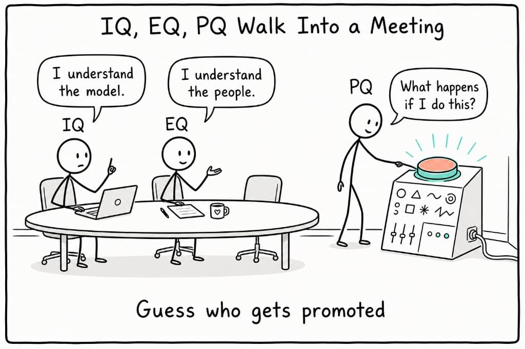 Single-panel comic titled IQ, EQ, PQ Walk Into a Meeting: IQ says I understand the model, EQ says I understand the people, and PQ reaches for a glowing red button saying What happens if I do this? Caption: Guess who gets promoted
