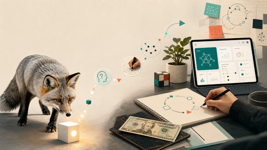 A curious silver fox inspects a glowing cube, with a trail of idea icons leading to a desk with a $20 bill, a plant, sketches, and a tablet dashboard