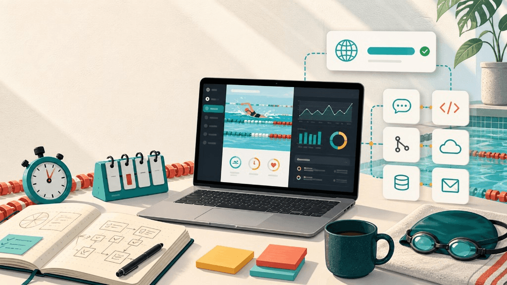 Laptop by a pool showing a swim tracker app, surrounded by stopwatch, lap counter, notebook, sticky notes, goggles, and floating icons for ChatGPT, GitHub, Supabase, Cursor, Vercel, and Cloudflare