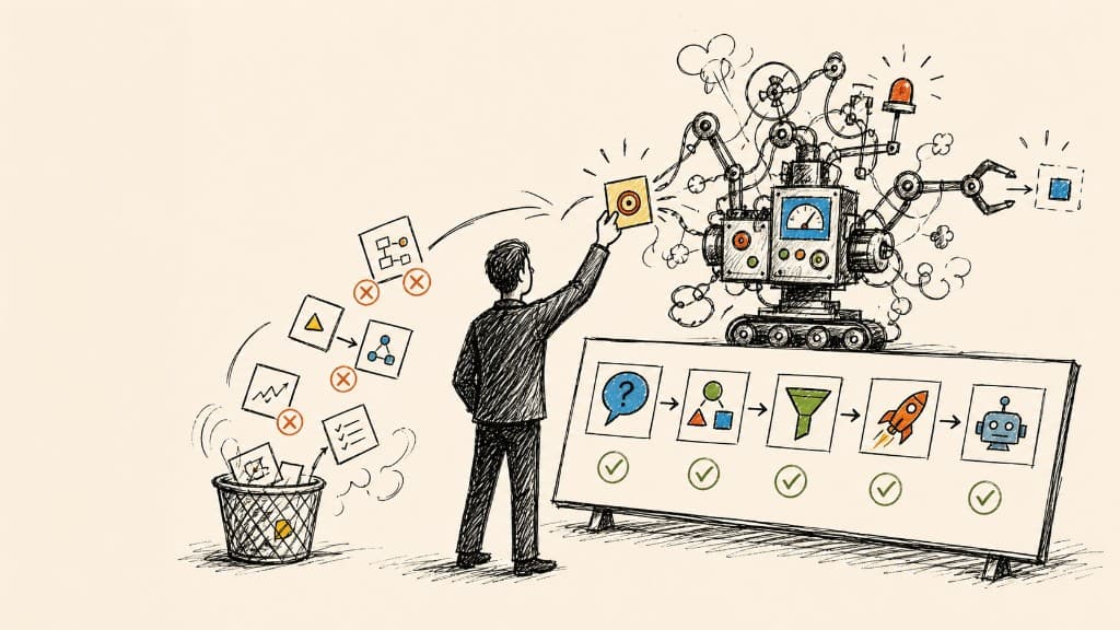 Hand-drawn illustration: a five-step Algorithm board (question, simplify, delete, accelerate, automate), a trash can of rejected requirement tiles, and a suited figure feeding one surviving tile into a Rube Goldberg machine