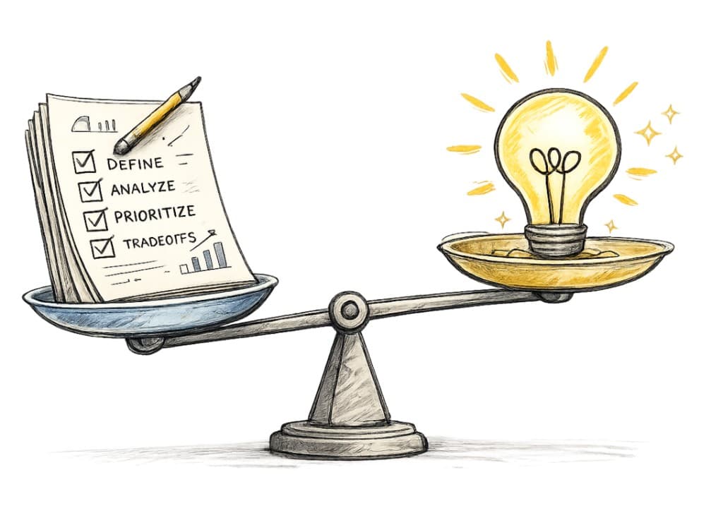 Hand-drawn balance scale: left pan holds a checklist of define, analyze, prioritize, and tradeoffs with a pencil; right pan holds a glowing lightbulb — rigor versus taste