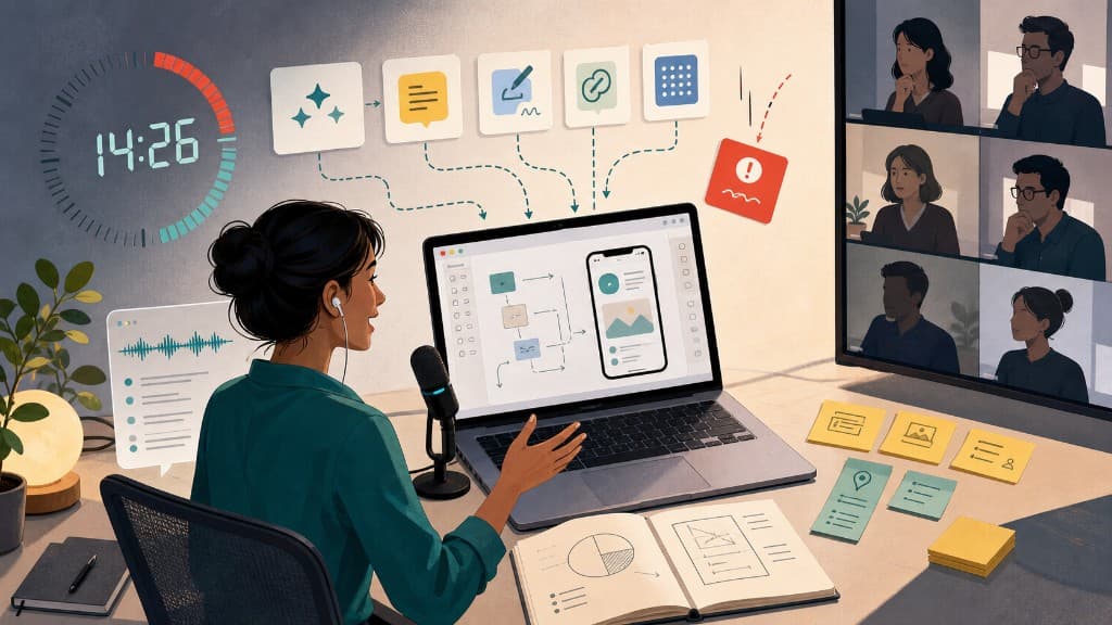 Candidate at a desk speaking into a microphone while building on a laptop, with a video panel of interviewers, a countdown clock, and floating AI tool icons