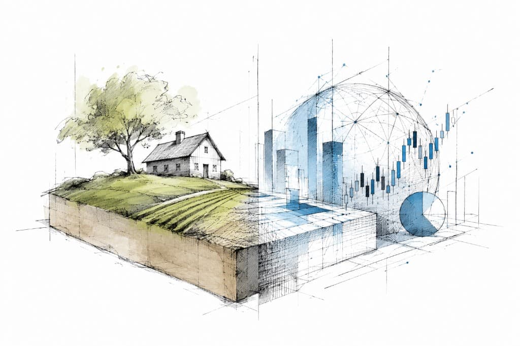 Illustration split between watercolor land and house on the left and blue financial charts, wireframe globe, and digital grid on the right — wealth migrating from physical property to equity