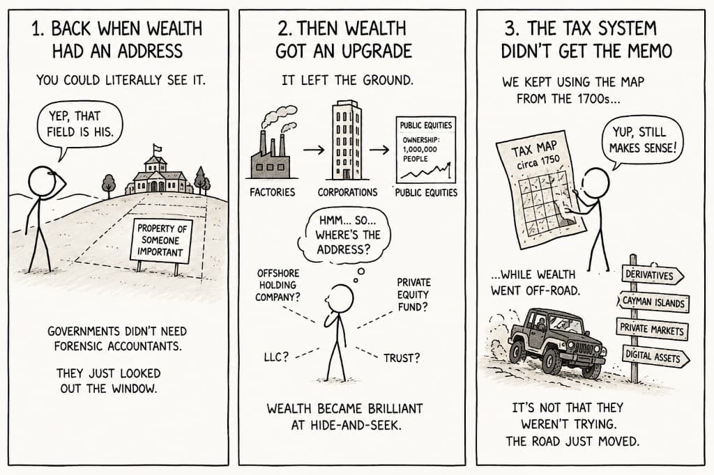 Three-panel comic: wealth used to have a visible address on land, then moved into corporations and equities, while the tax system kept using an outdated map from the 1700s